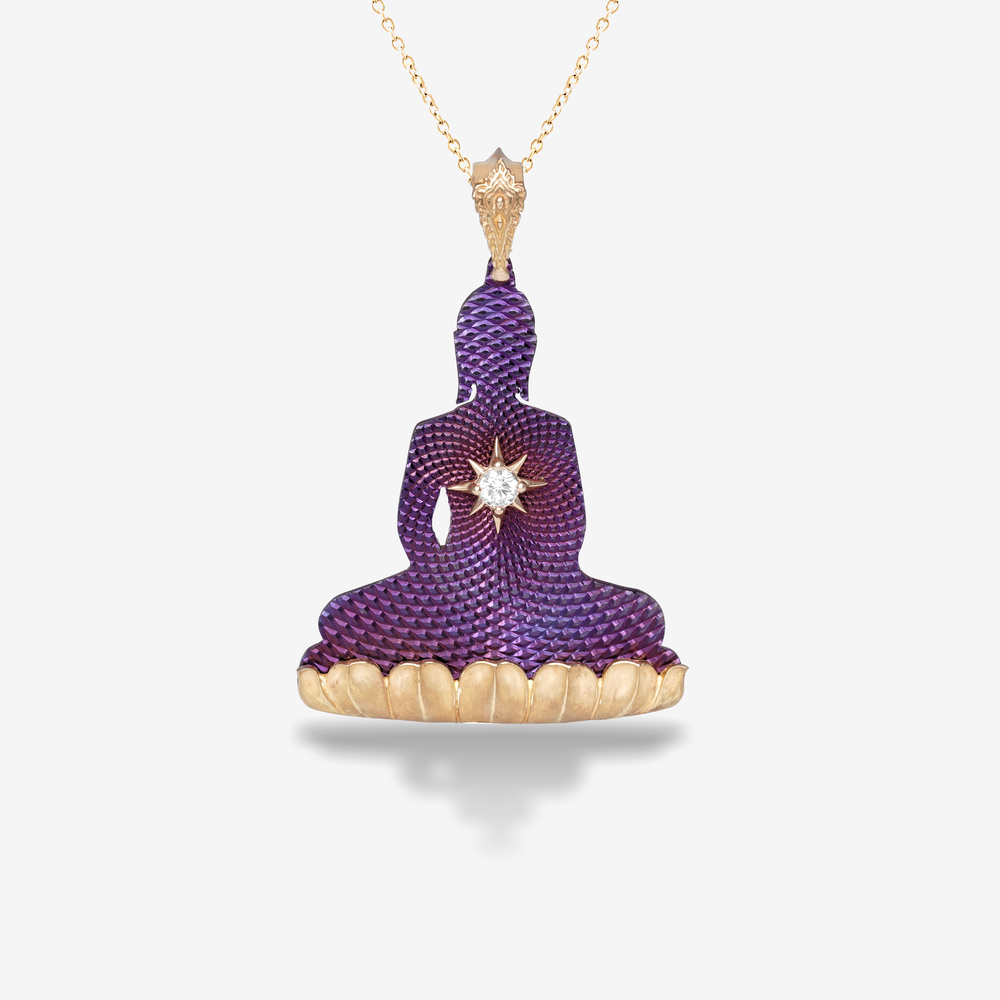 Elegant Buddha Pendant in purple Titanium, Gold, and Diamonds